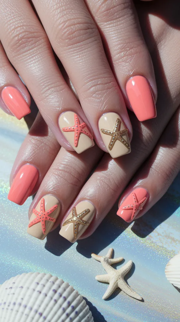 coral nails with gold and cream starfish accent nails