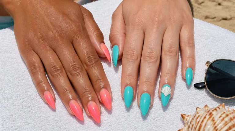 two hands with coral ombre and turquoise stiletto nails on a beach towel