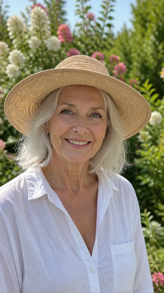 woman in her sixties with silver hair wearing a wide-brimmed sun hat