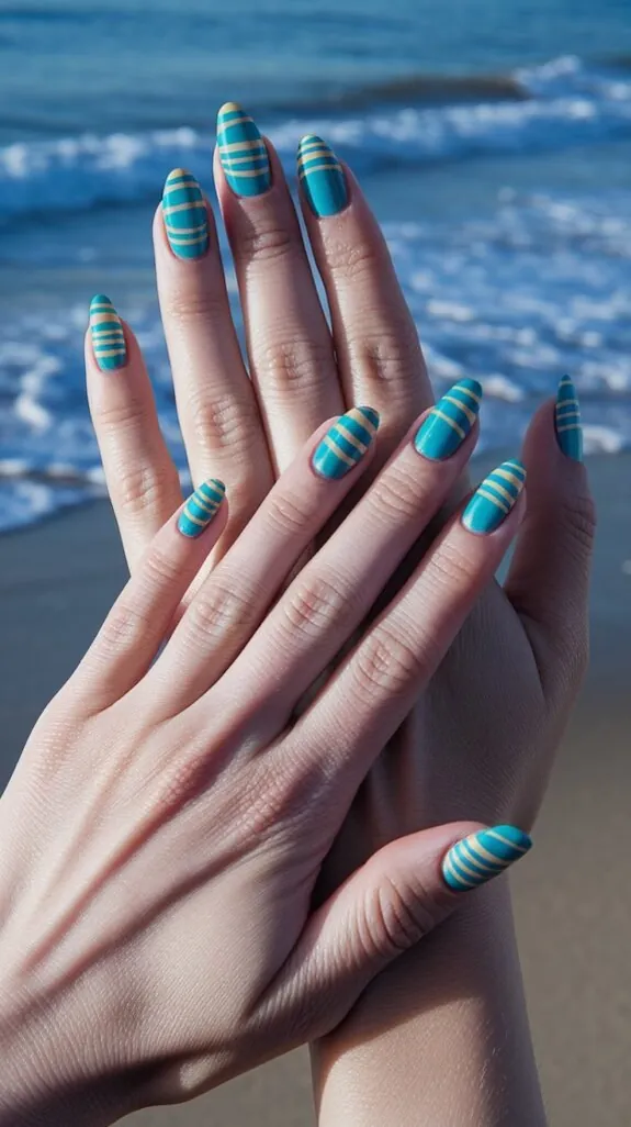 turquoise striped surfboard-style nails by the ocean