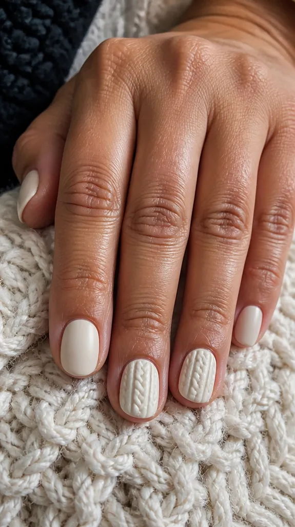 short cream nails with a raised cable-knit sweater design