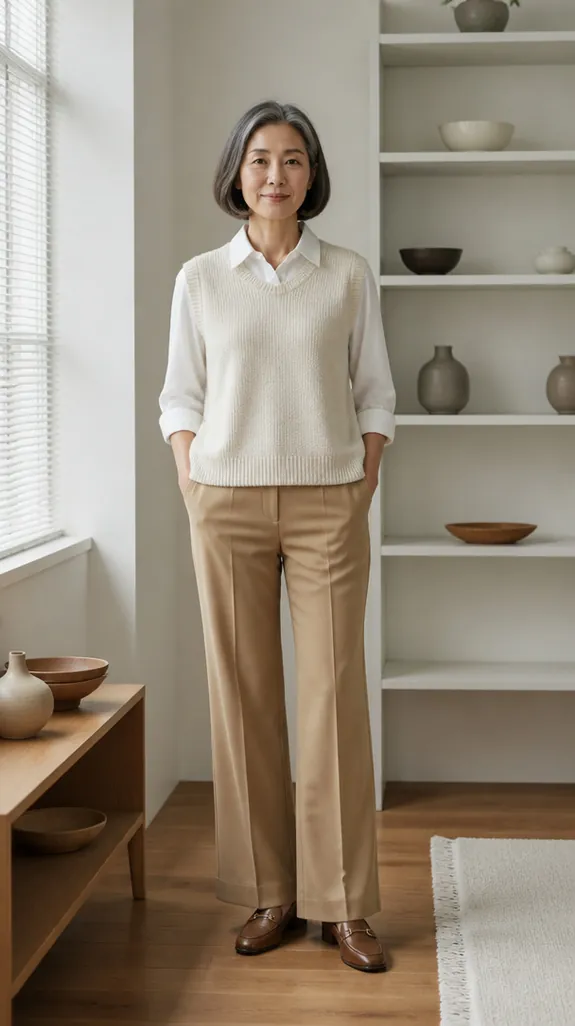 woman in her fifties wearing a sweater vest over a collared shirt
