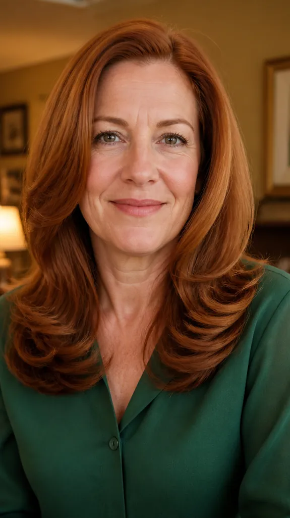 woman in her forties with long swoopy layers and a glossy blowout