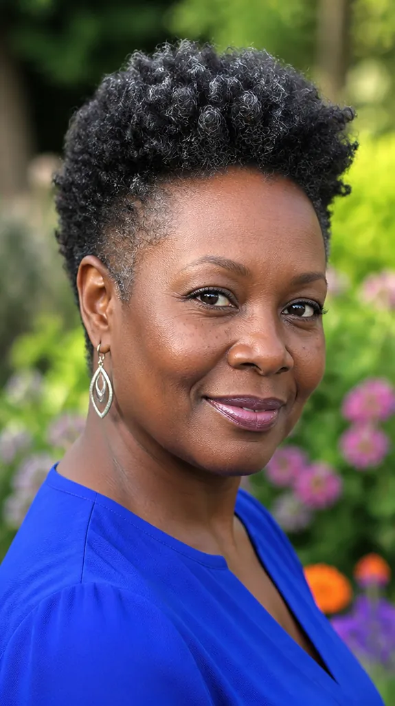 Black woman in her fifties with a tapered natural cut