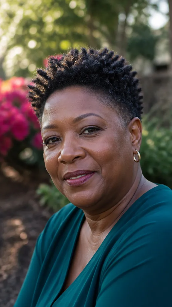 Black woman in her fifties with a round face and a tapered natural cut with height on top