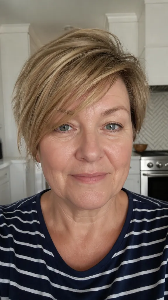 woman in her fifties with a round face and a textured bixie with side-swept bangs