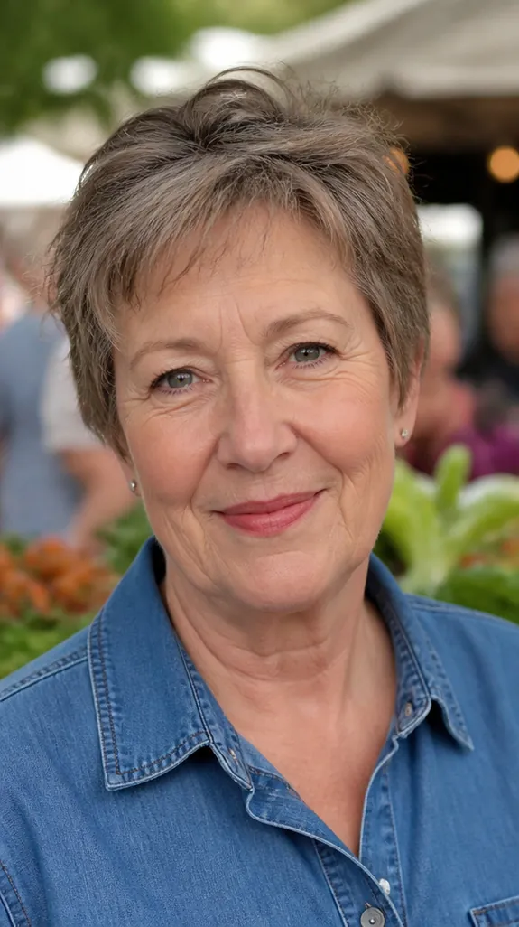 woman in her sixties with a round face and a textured pixie for fine hair