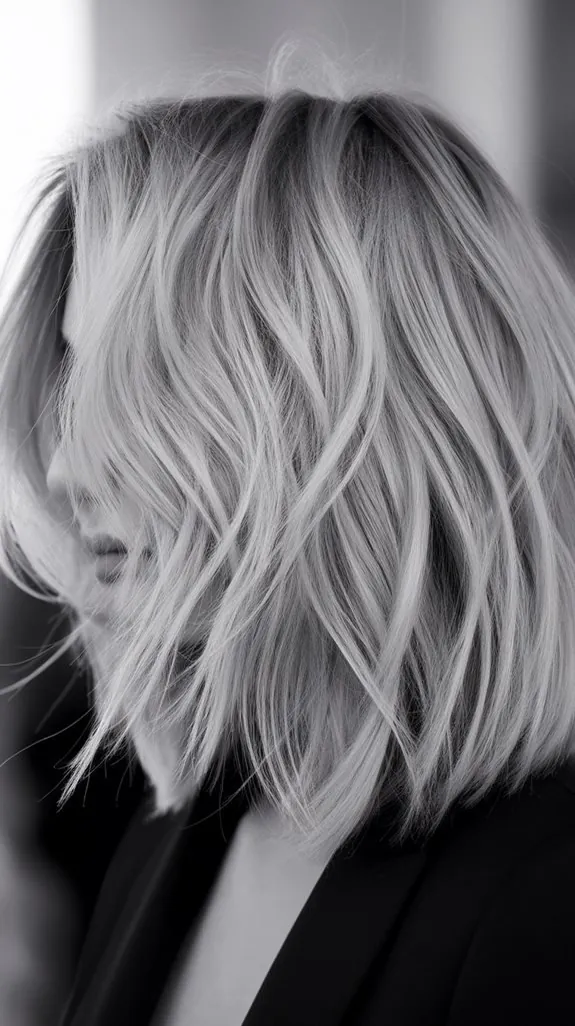woman with a textured shag cut in silver gray hair