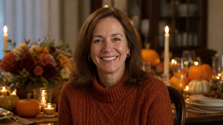 smiling woman in her fifties in a cozy autumn Thanksgiving outfit at a dinner table