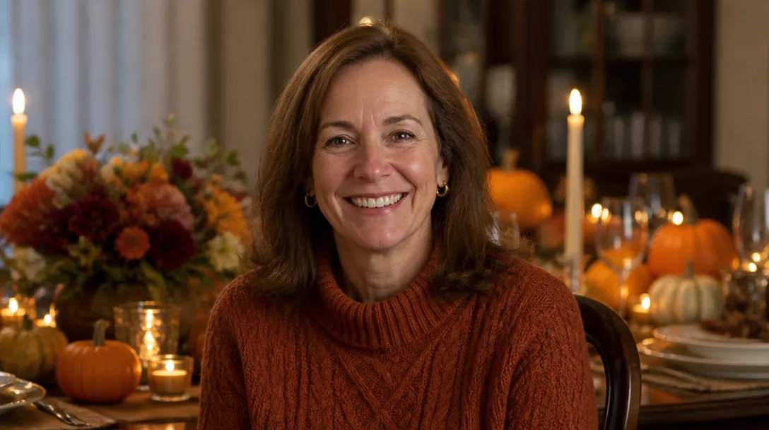 smiling woman in her fifties in a cozy autumn Thanksgiving outfit at a dinner table