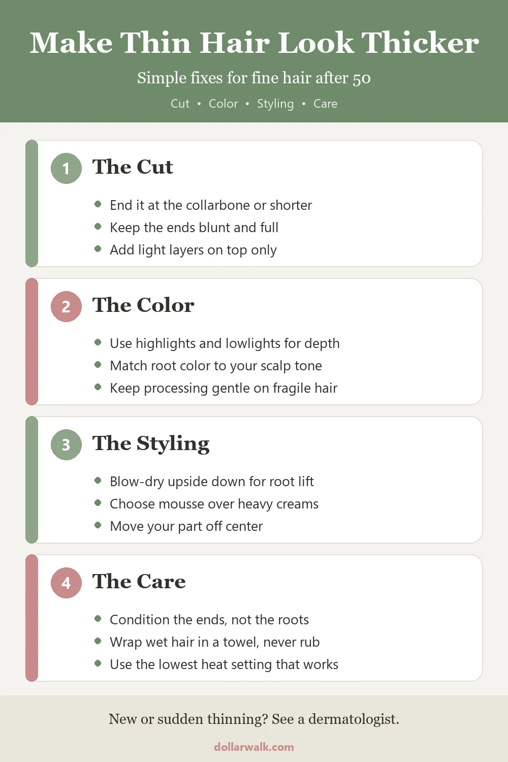 Chart of ways to make thin hair look thicker, grouped into the cut, color, styling and care