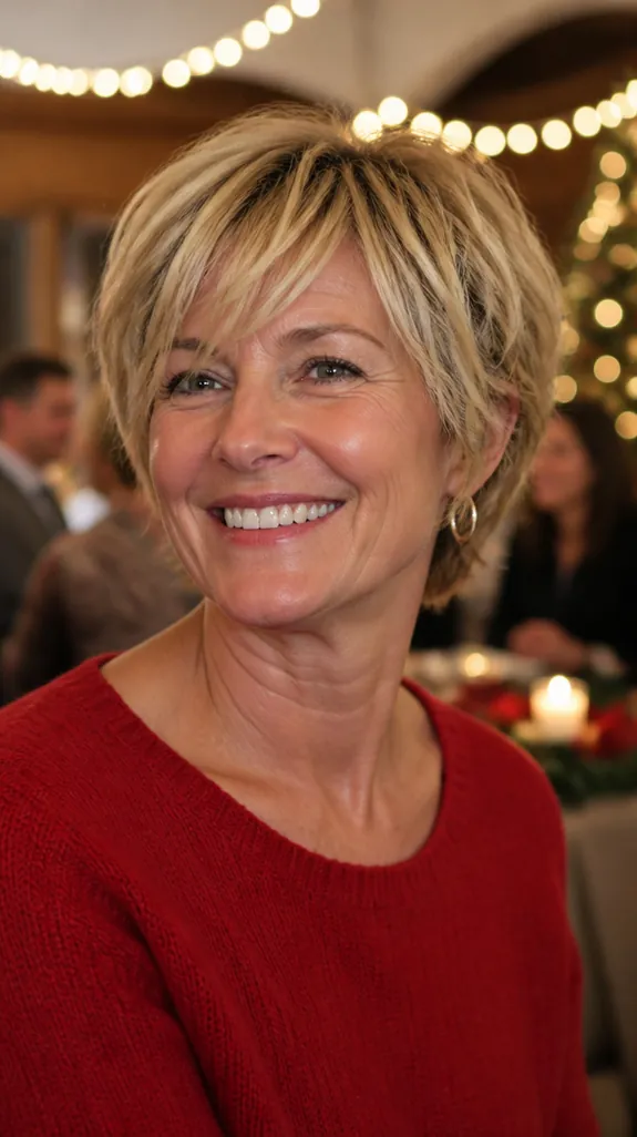woman in her fifties with a tousled blonde bixie cut at a festive gathering