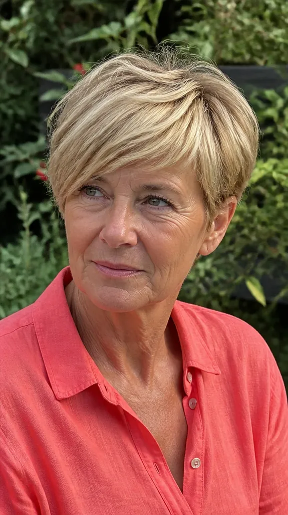 woman in her sixties with a tousled blonde bixie and side-swept bangs