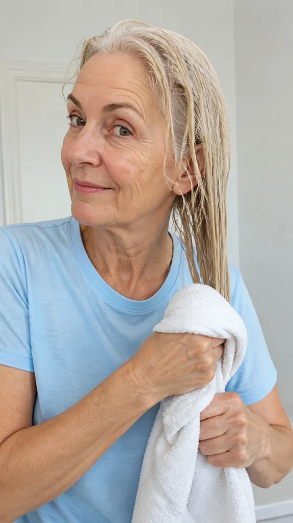 woman in her sixties gently squeezing water from her hair with a towel