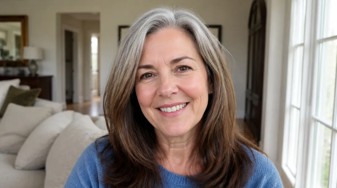 smiling woman in her fifties with salt-and-pepper hair growing out to gray