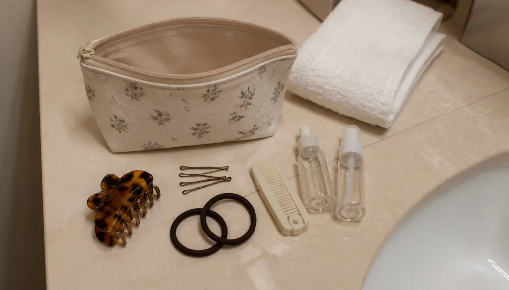 small travel hair kit with a claw clip, bobby pins, mini comb and travel bottles on a hotel counter