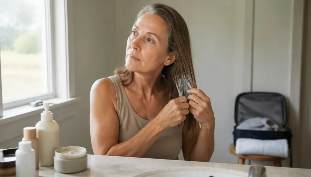 woman in her fifties applying a hair mask at a bathroom sink before a trip