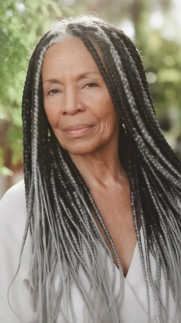older Black woman with tree braids in gray and black