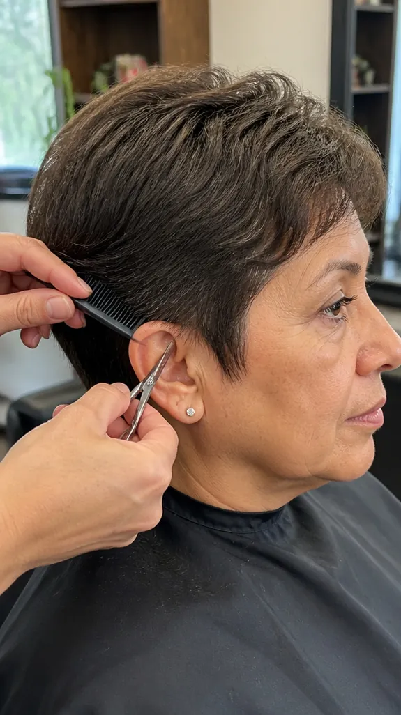 stylist trimming around the ear of a woman growing out a pixie cut