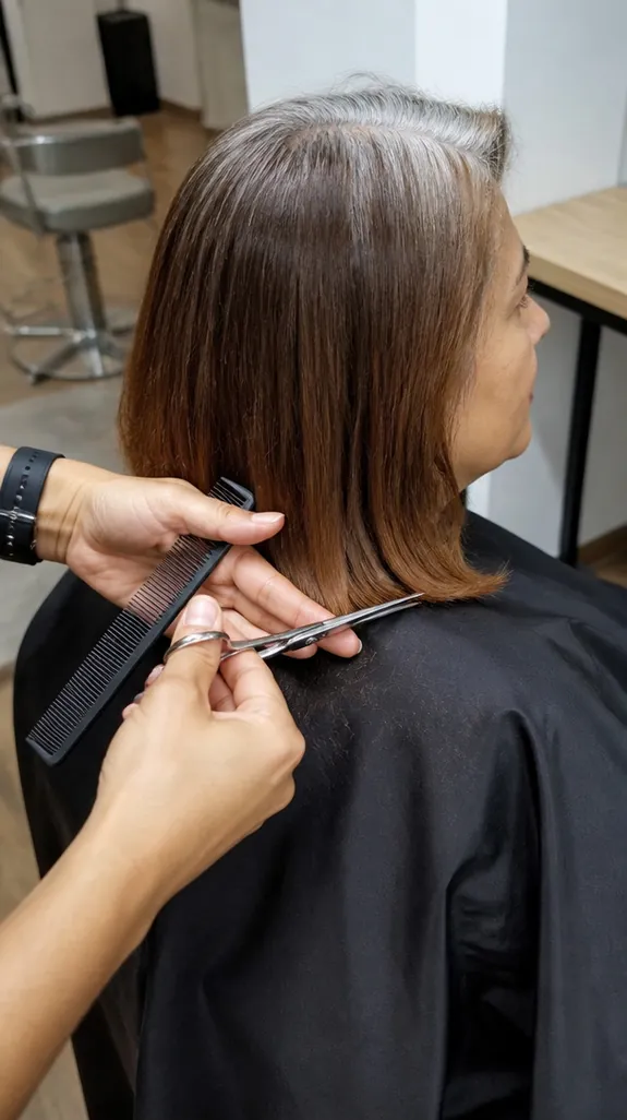 stylist trimming the ends of a woman's shoulder-length hair with gray roots
