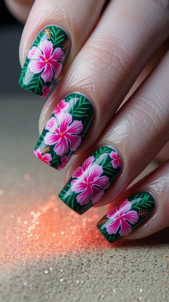 nails with hot pink hibiscus flowers on green leaves