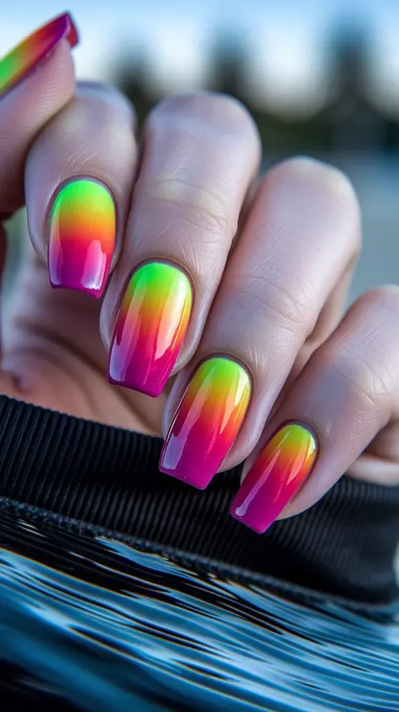sunset ombre nails blending orange, pink and yellow