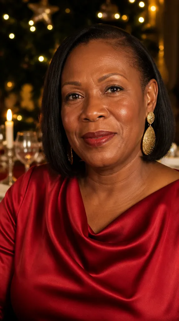 Black woman in her fifties with a sleek bob tucked behind one ear and gold statement earrings