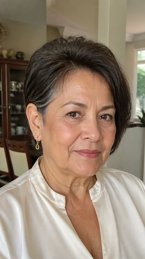 woman in her sixties with a bixie tucked behind one ear and drop earrings
