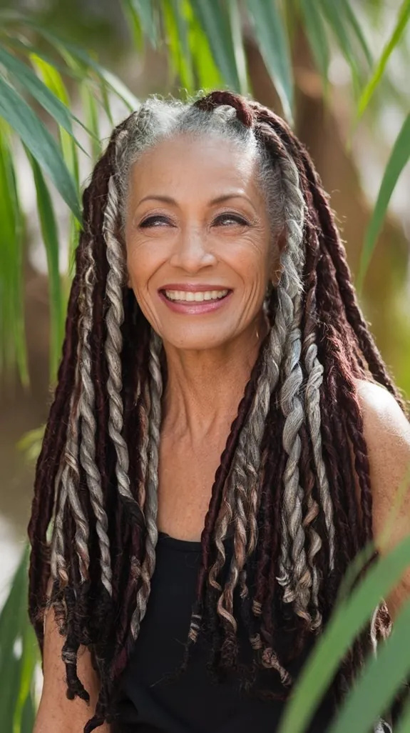 older Black woman smiling with gray and black two-strand twists