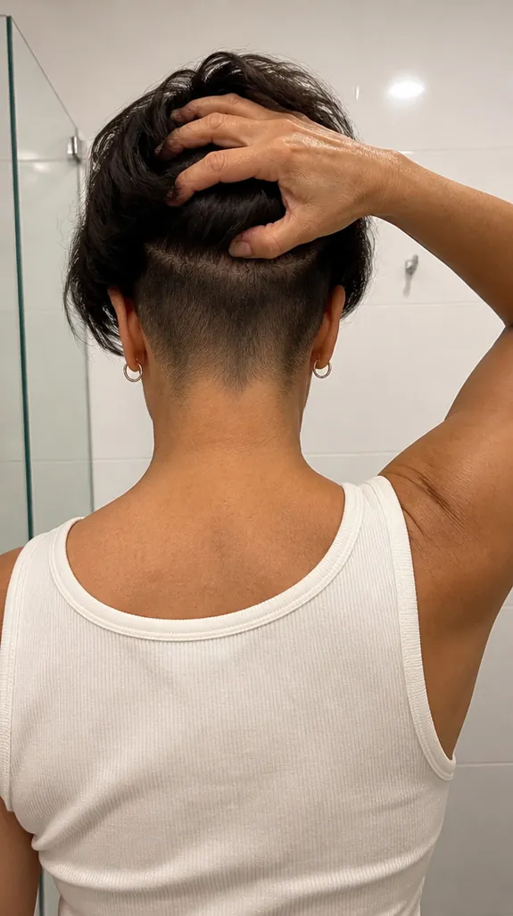 back view of a woman in her fifties with an undercut bixie showing a short nape under longer layers