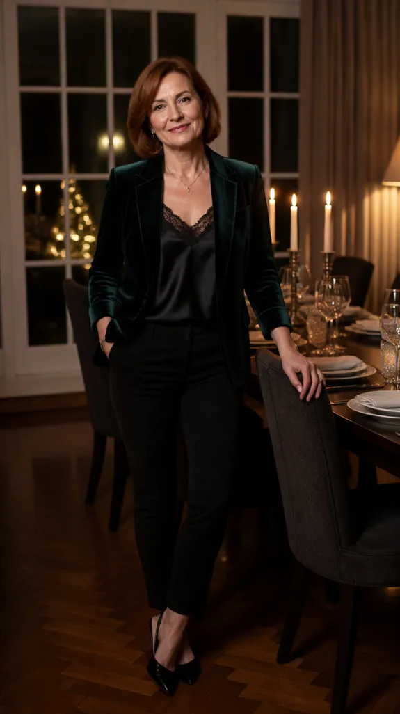 woman in her fifties wearing a green velvet blazer with slim black trousers