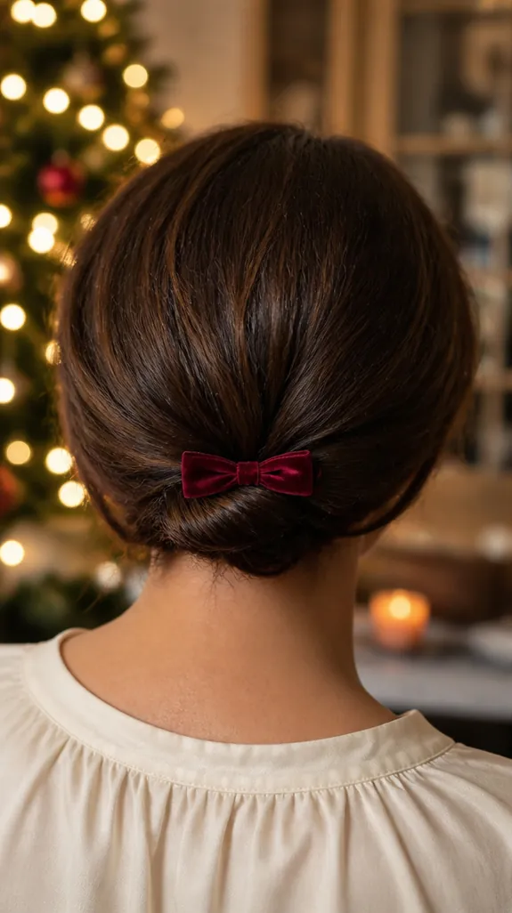 short bob gathered at the nape with a small burgundy velvet bow