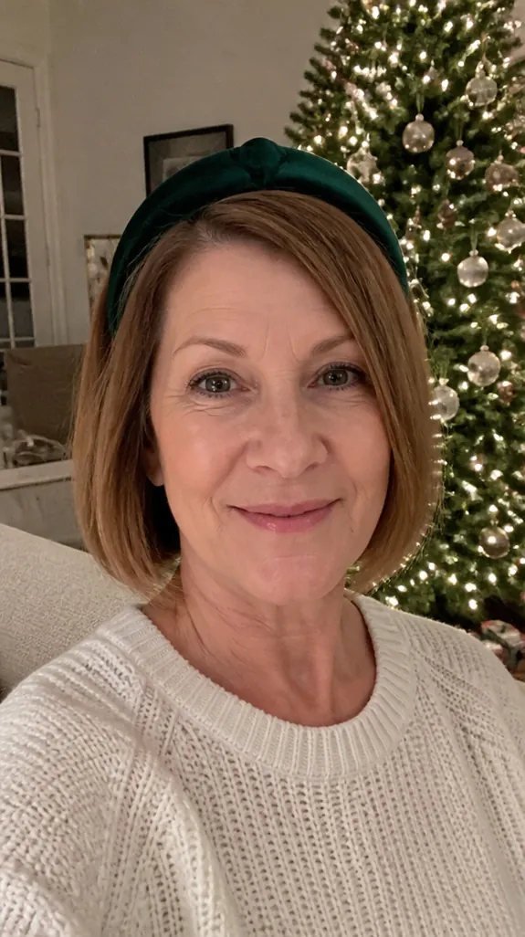 woman in her late fifties with a chin-length bob and an emerald velvet headband