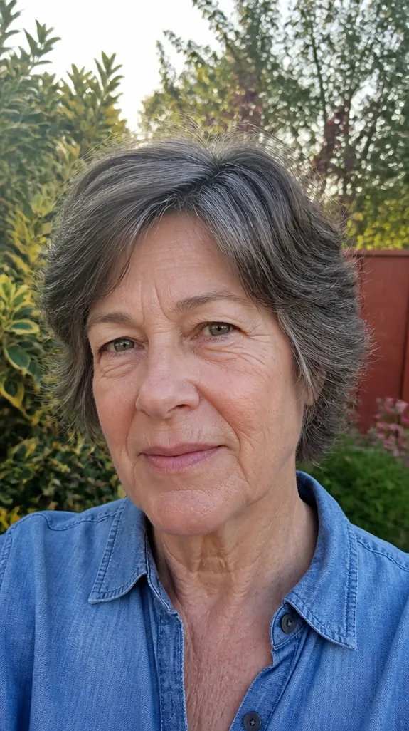 woman in her sixties with an air-dried brunette bixie with gray strands