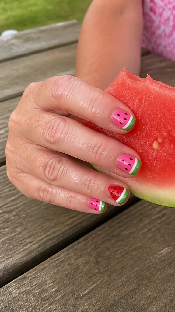 pink watermelon nails with green tips and black seeds