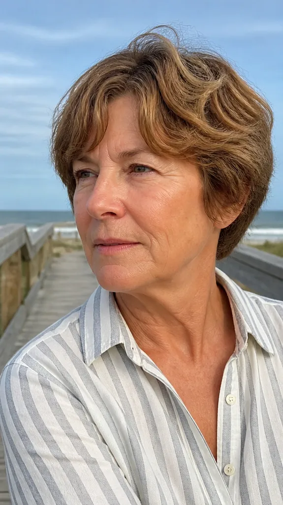 woman in her fifties with a wavy light brown bixie