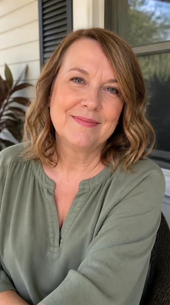 woman in her fifties with a round face and a wavy collarbone-length cut