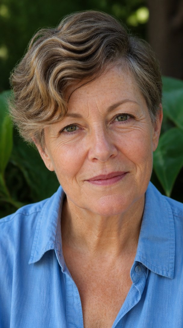 wavy pixie cut showing natural wave on top on a woman over 50