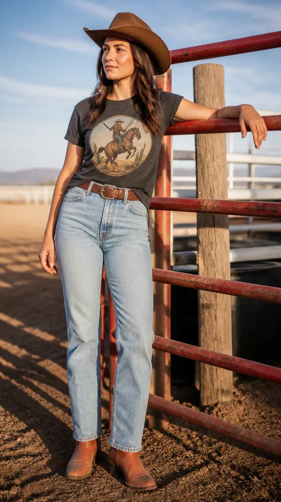 woman in a vintage bucking-horse graphic tee and light jeans by a rodeo gate