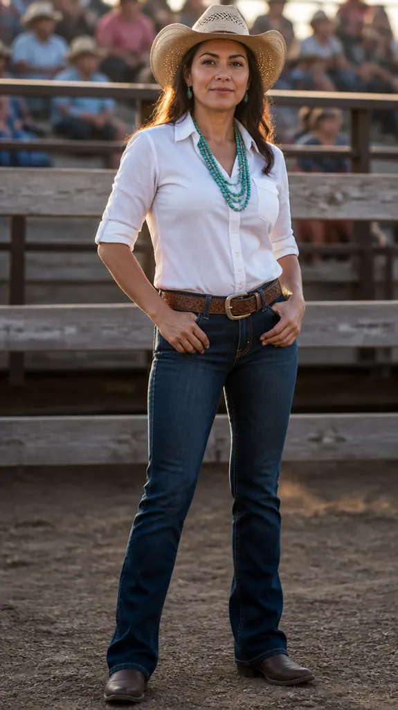Latina woman in a white button-down, bootcut jeans and turquoise necklaces