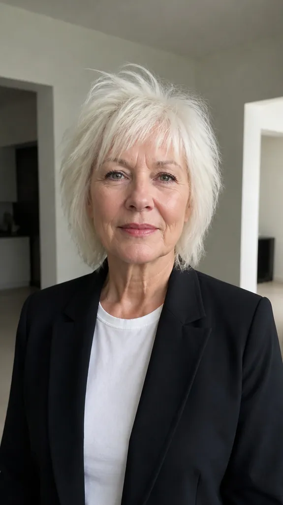 woman in her sixties with a white shag with choppy ends