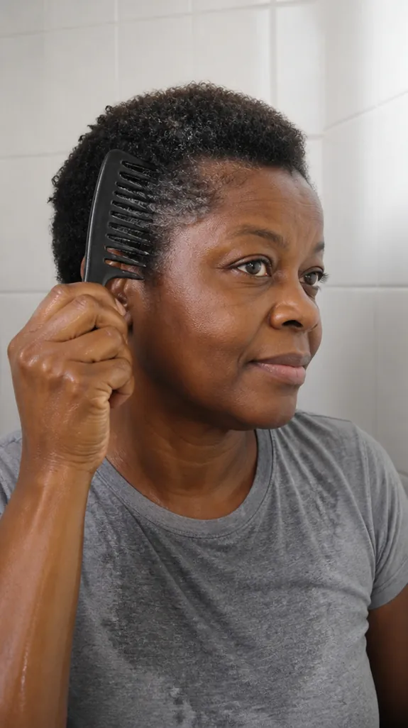 woman in her fifties combing leave-in conditioner through her short hair with a wide-tooth comb