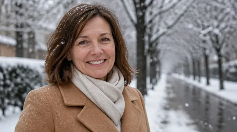 woman in her fifties in a camel coat and scarf with soft, healthy hair on a snowy day