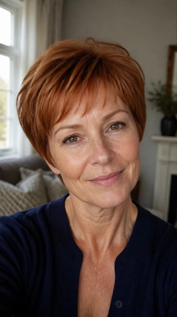 woman in her fifties with a red bixie and a wispy fringe