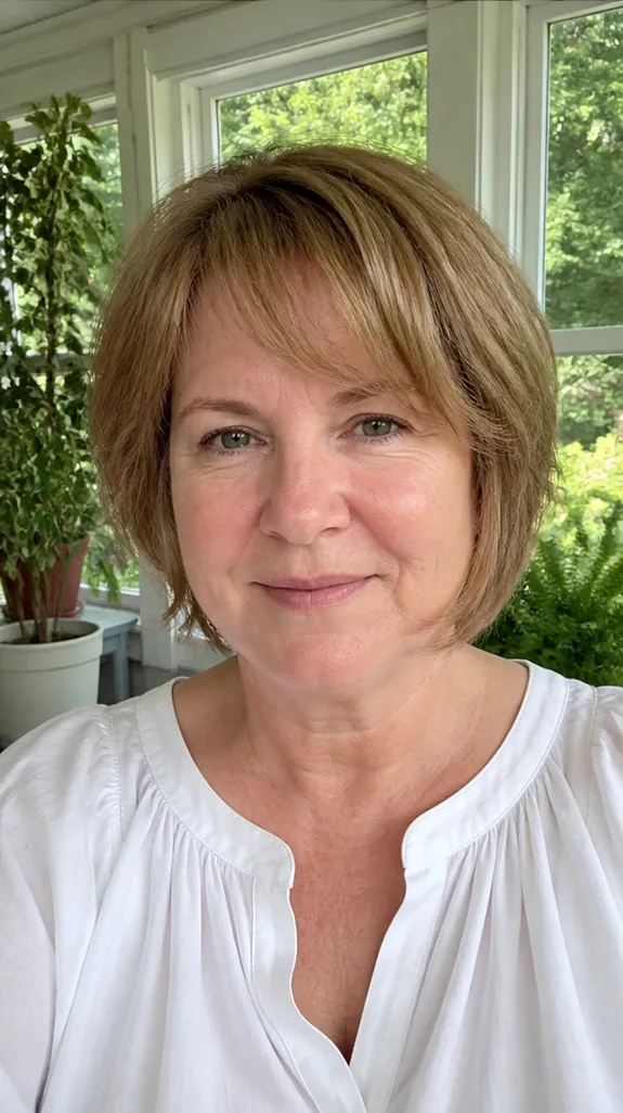 woman in her fifties with a round face and a wispy layered bob