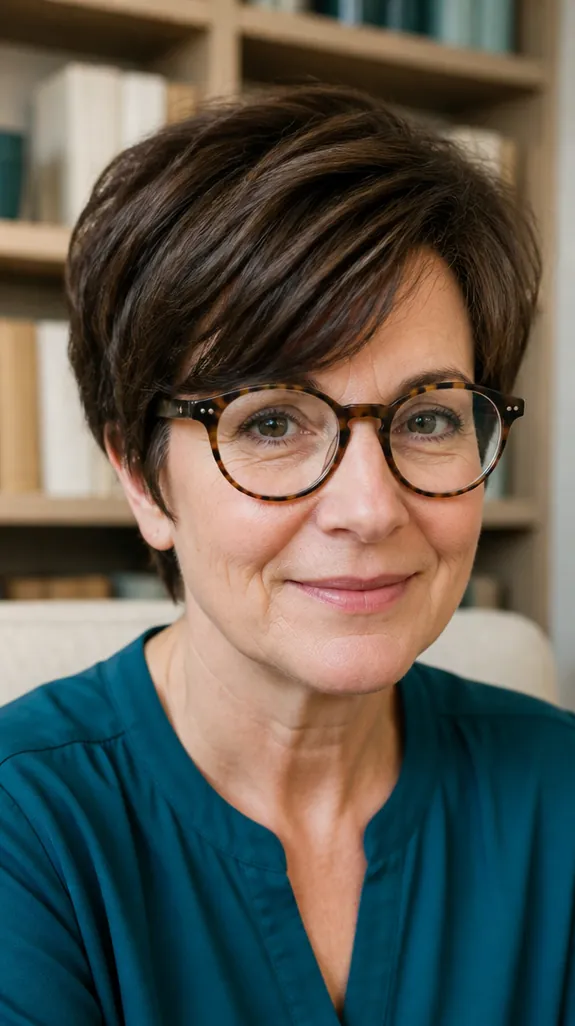 woman in her fifties with glasses and a bixie with bangs above the frames